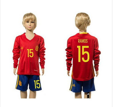 Spain #15 Ramos Red Home Long Sleeves Kid Soccer Country Jersey
