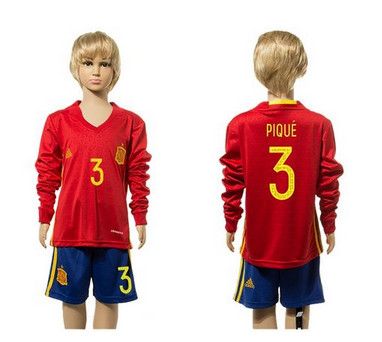 Spain #3 Pique Red Home Long Sleeves Kid Soccer Country Jersey