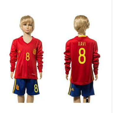 Spain #8 Xavi Red Home Long Sleeves Kid Soccer Country Jersey