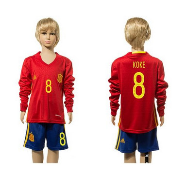 Spain #8 Koke Red Home Long Sleeves Kid Soccer Country Jersey