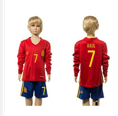 Spain #7 Raul Red Home Long Sleeves Kid Soccer Country Jersey