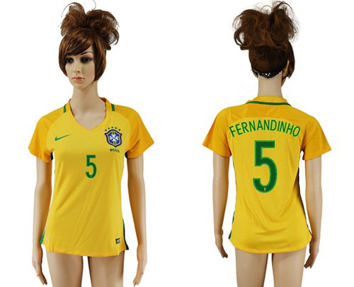 Women's Brazil #5 Fernandinho Home Soccer Country Jersey