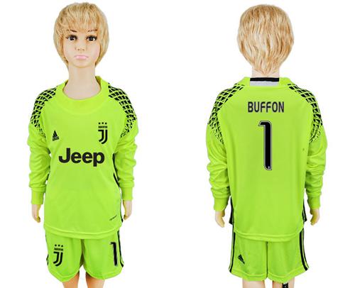 Juventus #1 Buffon Shiny Green Goalkeeper Long Sleeves Kid Soccer Club Jersey