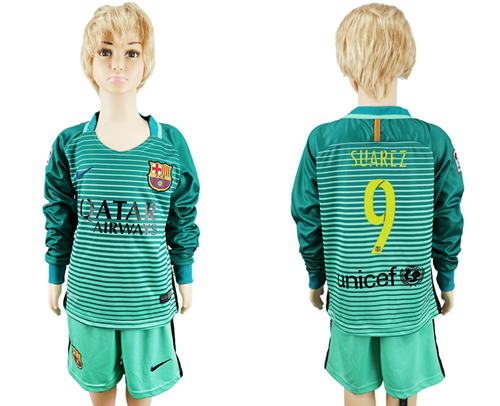 Barcelona #9 Suarez Sec Away Long Sleeves Kid Soccer Club Jersey