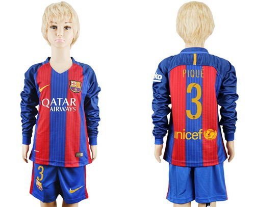 Barcelona #3 Pique Home Long Sleeves Kid Soccer Club Jersey