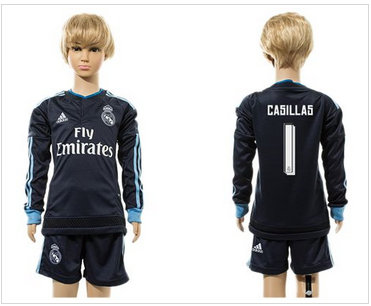 Real Madrid #1 Casillas Navy Blue Long Sleeves Kid Soccer Club Jersey
