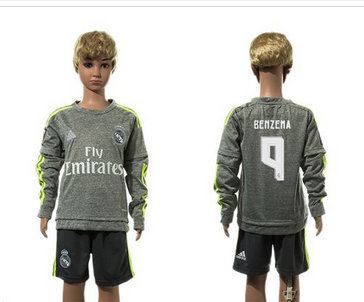Real Madrid #9 Benzema Grey Long Sleeves Kid Soccer Club Jersey