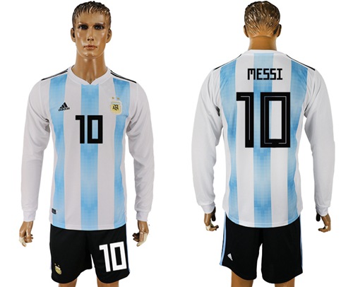 Argentina #10 Messi Home Long Sleeves Soccer Country Jersey