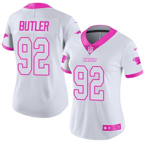 Nike Panthers #92 Vernon Butler White Pink Women's Stitched NFL Limited Rush Fashion Jersey