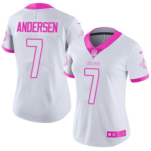 Nike Saints #7 Morten Andersen White Pink Women's Stitched NFL Limited Rush Fashion Jersey Nike Saints #7 Morten Andersen White Pink Women's Stitched NFL Limited Rush Fashion Jersey