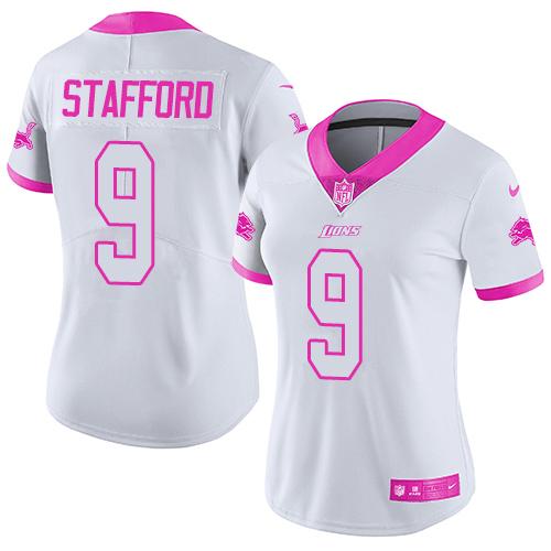 Nike Lions #9 Matthew Stafford White Pink Women's Stitched NFL Limited Rush Fashion Jersey Nike Lions #9 Matthew Stafford White Pink Women's Stitched NFL Limited Rush Fashion Jersey