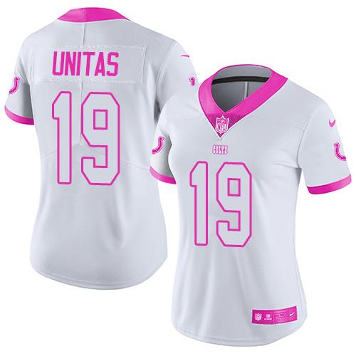 Nike Colts #19 Johnny Unitas White Pink Women's Stitched NFL Limited Rush Fashion Jersey