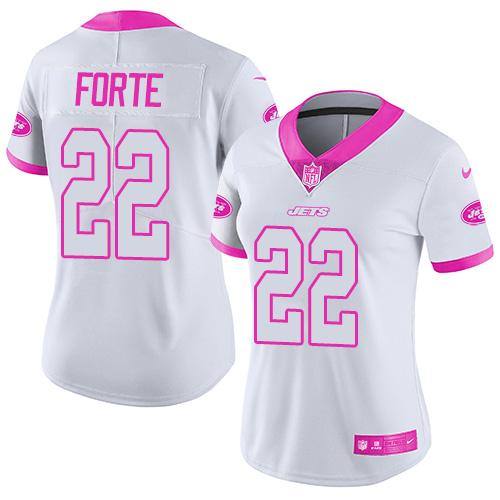 Nike Jets #22 Matt Forte White Pink Women's Stitched NFL Limited Rush Fashion Jersey