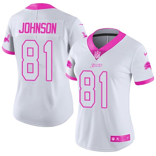 Nike Lions #81 Calvin Johnson White Pink Women's Stitched NFL Limited Rush Fashion Jersey
