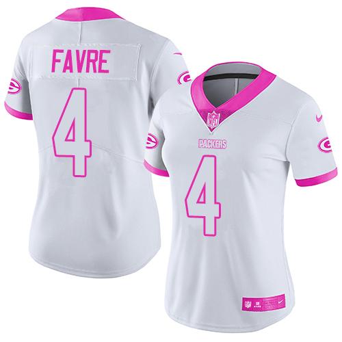 Nike Packers #4 Brett Favre White Pink Women's Stitched NFL Limited Rush Fashion Jersey