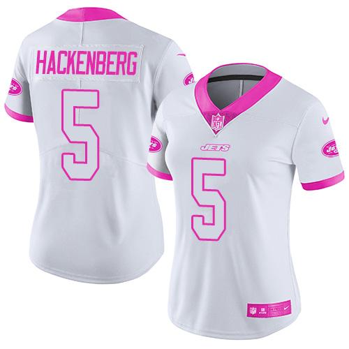 Nike Jets #5 Christian Hackenberg White Pink Women's Stitched NFL Limited Rush Fashion Jersey