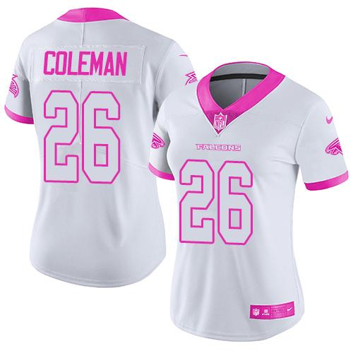 Nike Falcons #26 Tevin Coleman White Pink Women's Stitched NFL Limited Rush Fashion Jersey Nike Falcons #26 Tevin Coleman White Pink Women's Stitched NFL Limited Rush Fashion Jersey